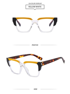 Detail view of retro square TR90 yellow and white tortoiseshell blue light glasses
