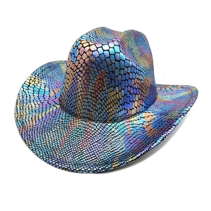 Macro detail of holographic snakeskin texture on a colorful Western cowboy party hat