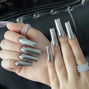 Silver Chrome Mirror Press On Nails Long Coffin Plastic Metallic Cyberpunk Style Y2K Artificial False Nails