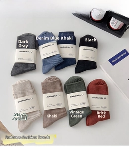 Detailed view of mid-calf cotton socks in eight colors with vertical ribbed texture