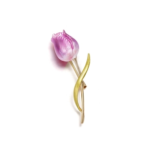 Elegant tulip brooch with purple gradient enamel petals and matte green leaves on gold base