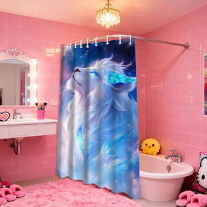 Blue lion shower curtain with celestial moon and star pattern in a pink bathroom setting