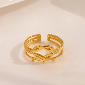 18K Gold Plated Stainless Steel Adjustable Ring For Women Twisted Rope Knot Geometric Open Retro Ins Style Jewelry