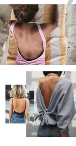 Detailed views of various U-back tops including pink bodysuit and grey lace-up back design