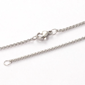 Silver stainless steel box chain necklace featuring a secure lobster clasp closure