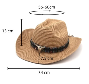 Dimensions détaillées du chapeau de paille de cowboy avec ruban ethnique et tête de taureau