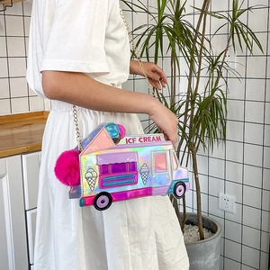 Quirky laser holographic ice cream truck crossbody bag with pink pompom and chain strap