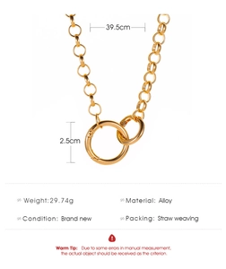 Detail view of gold alloy chunky chain necklace with interlocking spring ring clasps