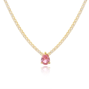 Gold-plated tennis choker necklace with pink pear-cut heart zircon pendant on white background