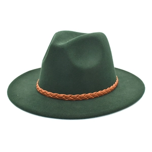Detailed view of dark green wool fedora hat with a stylish brown leather braided band