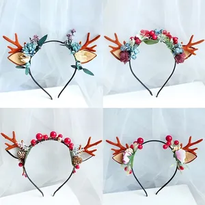 Christmas Reindeer Antler Headband Forest Style Simulated Flowers Berries Pine Cones Hair Hoop Party Photography Prop
