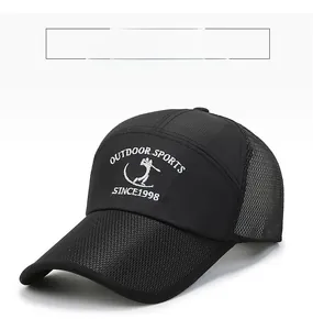 Close-up of black mesh baseball cap showing breathable net and white golf embroidery