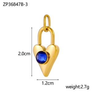 Detailed view of heart-shaped gold pendant with blue gemstone and dimensions