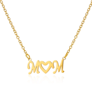Minimalist gold Mom pendant necklace with heart-shaped O detail on a reflective surface