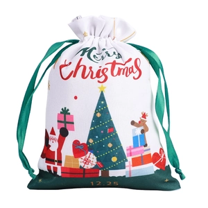 Christmas polyester drawstring gift bag with Santa Claus and reindeer print design