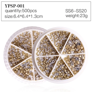 Detail view of nail art rhinestone set YPSP-001 with gold and clear stones in size SS6-SS20