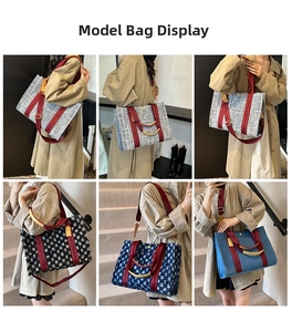 Detailed collage of large capacity tote bags in various fabrics with red stripe handles