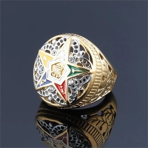 Gold Order of the Eastern Star ring with five-color enamel and intricate relief