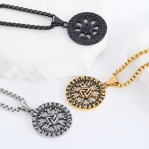 Nordic Viking rune circle pendants in gold silver and black stainless steel finishes