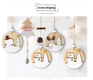 Detail of wooden Christmas ornaments with 3D snowman and reindeer festive designs
