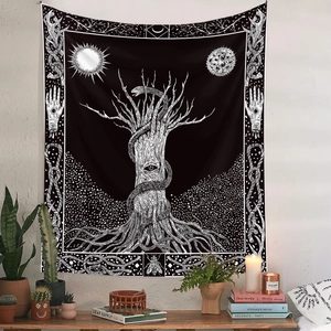 Mystical black and white sun and moon life tree tapestry for room wall decor