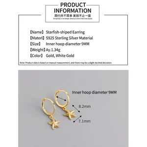 Golden S925 sterling silver starfish hoop earrings for women with detailed size specs