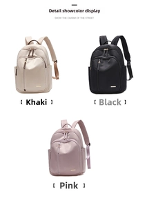 Mochilas ligeras de tela Oxford mostradas en colores caqui, negro y rosa
