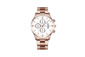 Detail of rose gold chronograph watch featuring white dial with three subdials and date