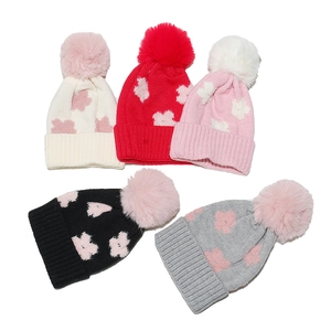Kids Winter Knitted Beanie Hat Acrylic Flower Jacquard Warm Windproof With Large Pom-pom For Toddler Baby Girls