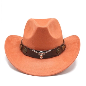 Chapeau de cowboy orange en suédine avec emblème tête de taureau et détails rétro