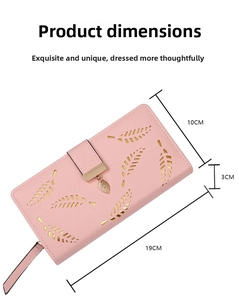 Detailed view showing the 19cm length and 10cm width dimensions of this pink leaf wallet