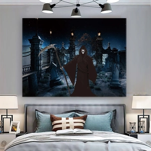 Detail of gothic grim reaper tapestry with scythe and graveyard scene for wall decor