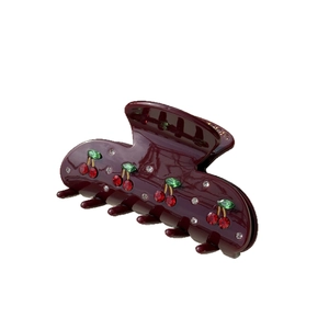Pince à cheveux bordeaux avec motif cerise en strass pour coiffure demi-queue