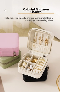 Detail view of portable leather jewelry box with multi-slot storage for rings and necklaces