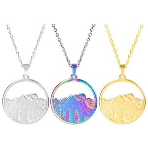 Three stainless steel mountain necklaces in silver, gold, and rainbow finishes