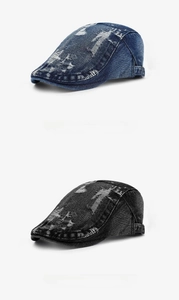 Detailed view of vintage denim newsboy caps with distressed ripped textures and frayed edges
