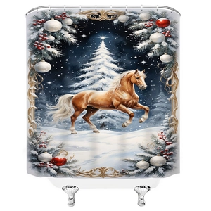 Close-up of waterproof polyester shower curtain featuring a golden horse and Christmas tree
