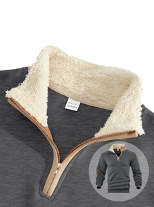 Detailed macro view of men's dark grey sweatshirt featuring white faux fur collar and half-zipper
