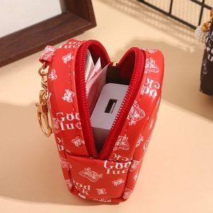 Mini red leather coin purse with Good Luck print and golden hook for key storage