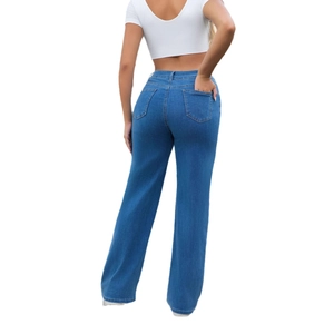 Women's high waist wide leg blue denim jeans showing back view and fit on white background