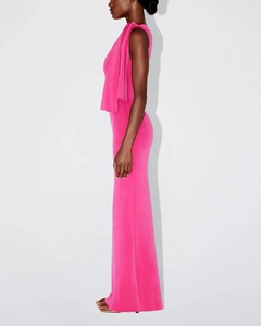 Detail view of hot pink slim fit maxi dress featuring an elegant shoulder tie bow design