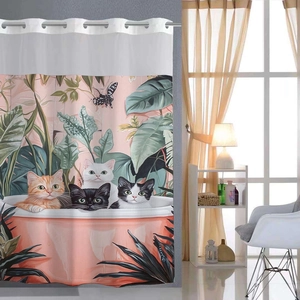 Detail of waterproof shower curtain with cute cats and tropical leaves illustration