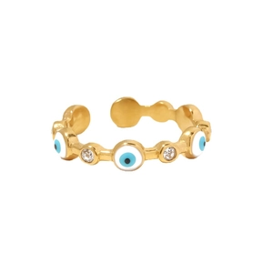 18K gold plated evil eye open ring with blue enamel and sparkling cubic zirconia stones
