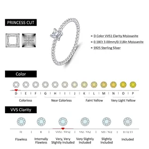 Princess cut VVS1 moissanite S925 sterling silver ring with unique beaded band design