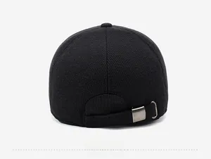 Rear view of black baseball cap showing twill fabric and adjustable metal buckle closure