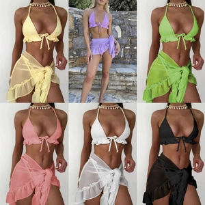 Top Bikini E Slip Con Gonna Pareo In Rete Tinta Unita Con Volant Halter Moda Mare In Poliestere Vacanze