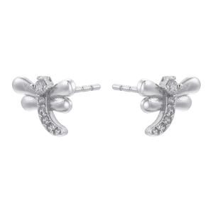 Detail view of silver dragonfly stud earrings with sparkling cubic zirconia inlay