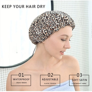 Detail of leopard print shower cap with waterproof PEVA inner and adjustable elastic band