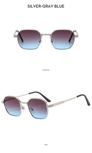 Detail view of silver metal geometric sunglasses with blue-purple gradient lenses