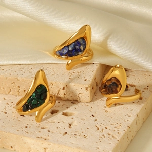 18k gold plated stainless steel open rings with natural stones on cream silk